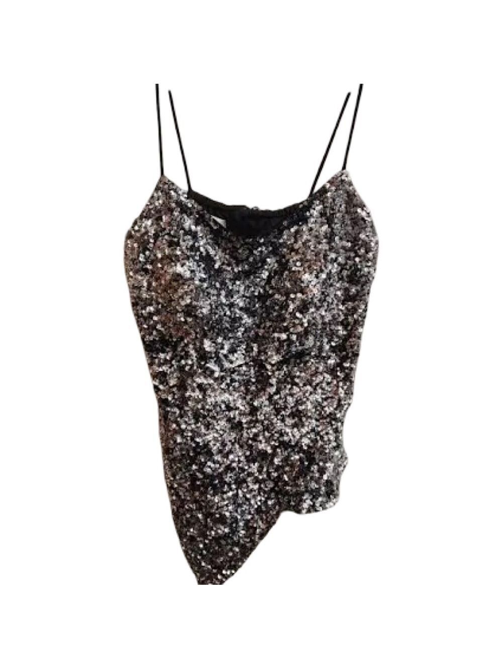 Sean Collection Silk Sequin Asymmetrical Camisole - Black and Silver XL